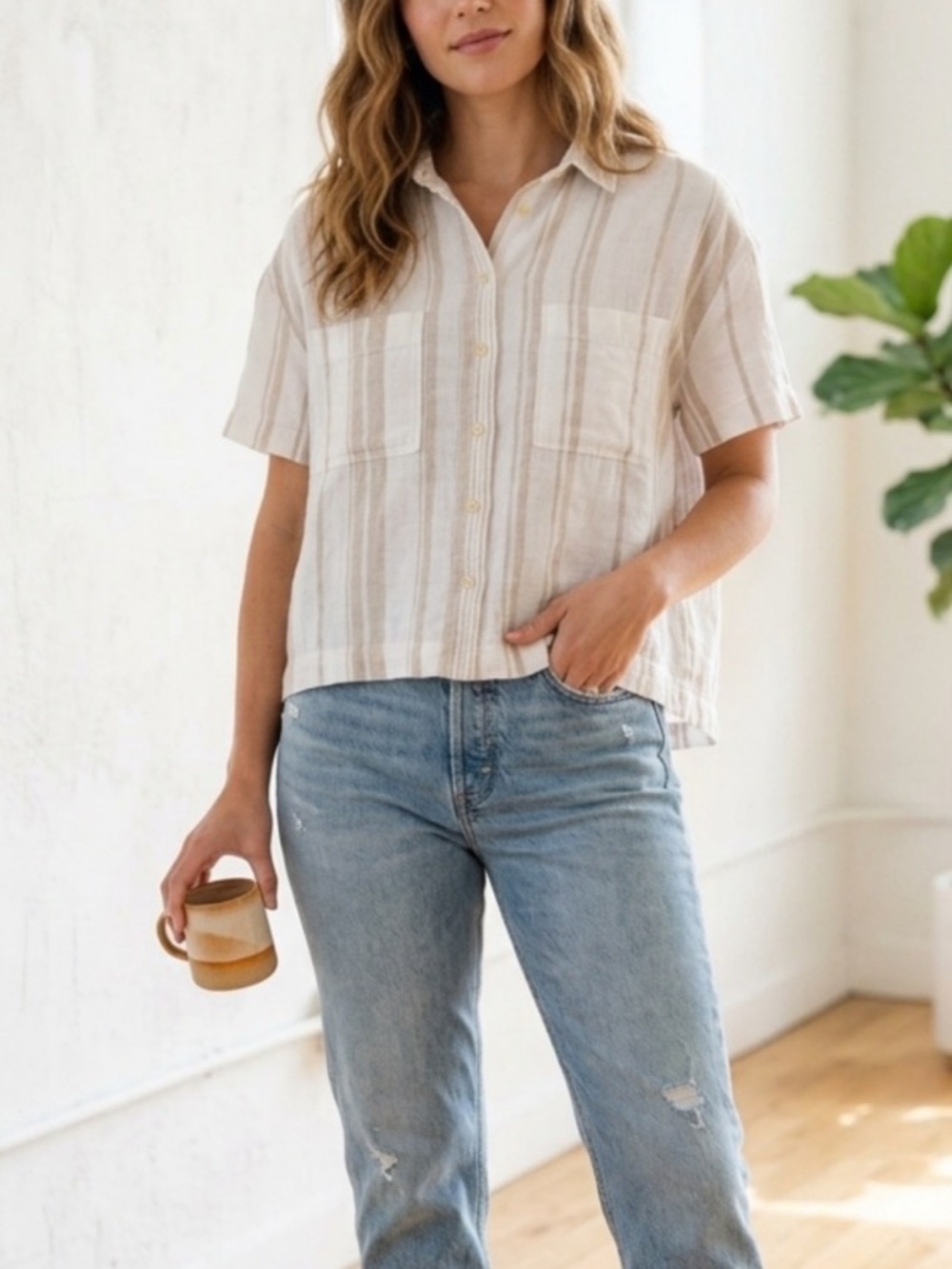 Madewell Linen-Blend Courier Boxy Button Down Shirt in Textured Stripe, Size S